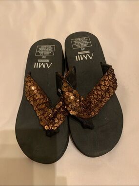 Ami Black Flip Flops with Bronze Sequin Straps